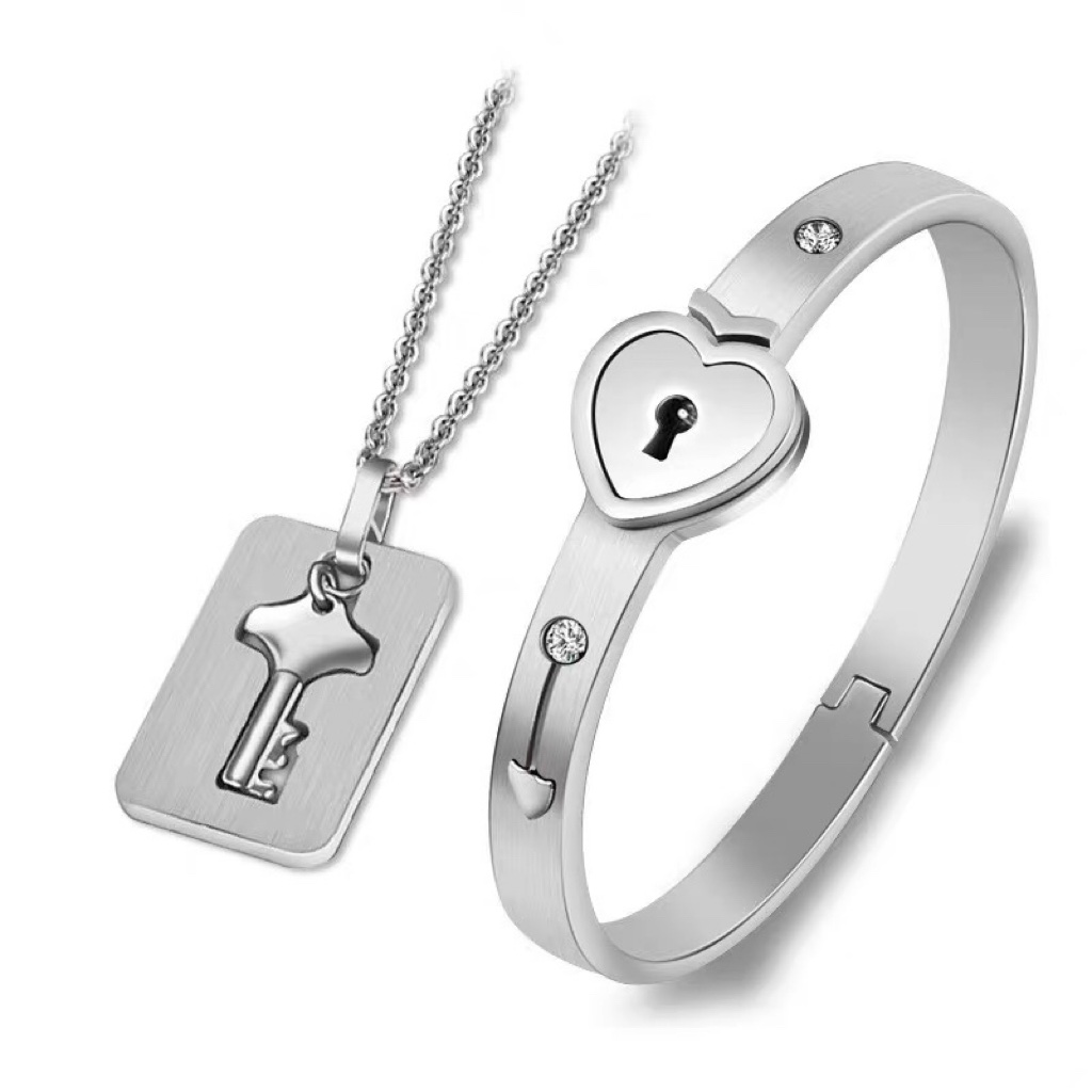 Couple Concentric Lock Bracelet &  Key Necklace